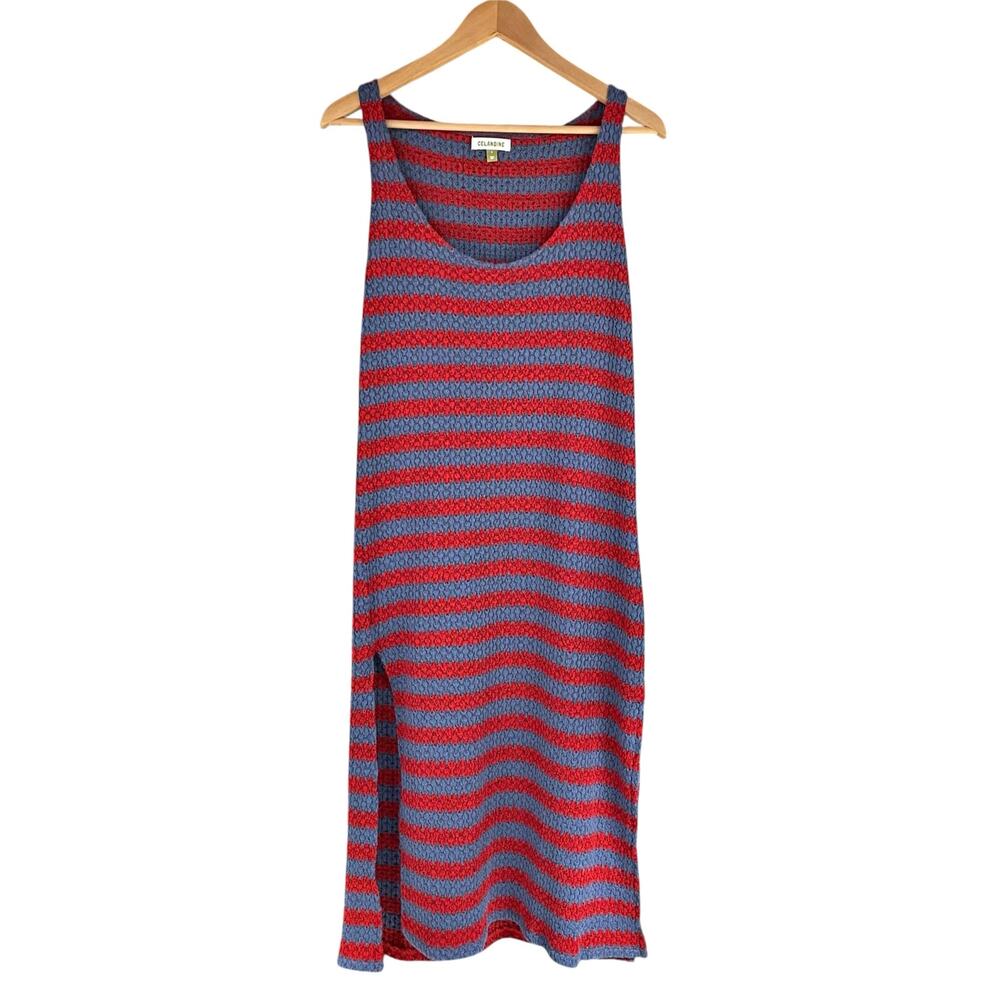 ANTHROPOLOGIE CELANDINE Stripe Knit Tank Midi Dress Blue Red Scoop Neck Size S